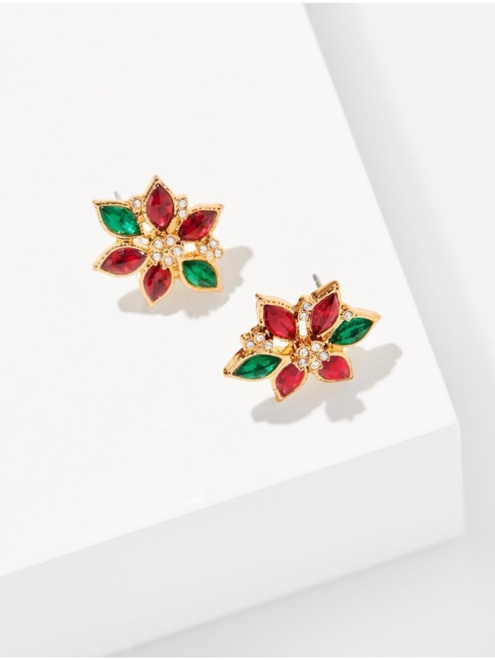 Talbots Christmas Rhinestone Earrings Red Green Gold Tone Poinsettia Floral Stud